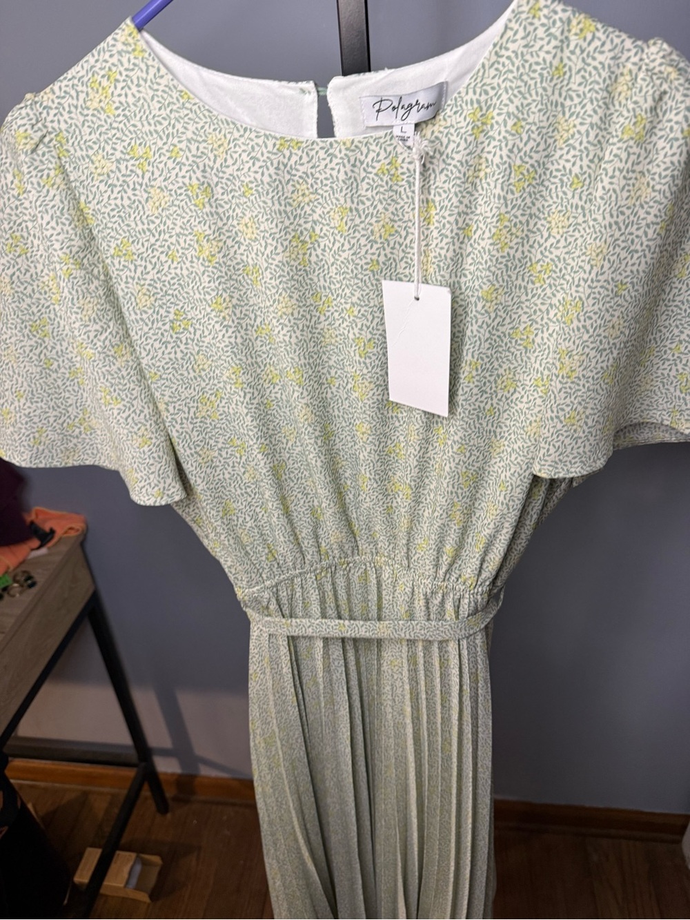 NWT L Polagram Mint Green and Yellow Floral Midi Dress